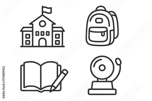 School and education line icon set. Back to school learning concept. University, college elements. Simple outline pictogram collection of schoolhouse, backpack, book, pencil, bell.