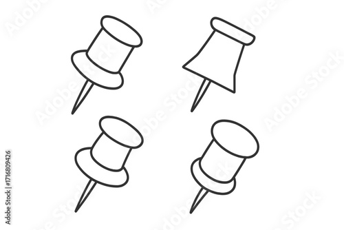 Push pin, thumbtack outline icon set for school, office. Simple linear vector illustration. Stationery for notice board, memo. Editable stroke drawing for web, apps. Doodle.