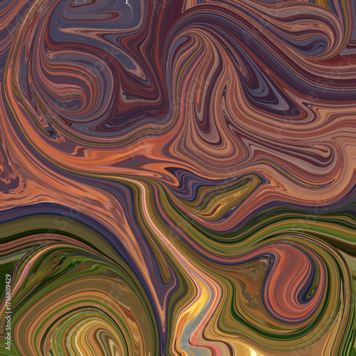 Vibrant earthy abstract swirl with rich tones of green, brown, and orange creating a fluid, flowing motion. Perfect for background, art, or modern design.
