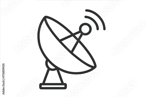 Satellite dish icon, line art vector for communication. Wireless technology symbol, broadcast antenna sending signal. Network, data transmission, telecommunication concept.