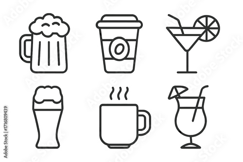 Drink and beverage line icon set. Modern linear pictogram collection. Includes beer, coffee, cocktail, tea, juice. Vector outline symbol for web, app, cafe menu design.