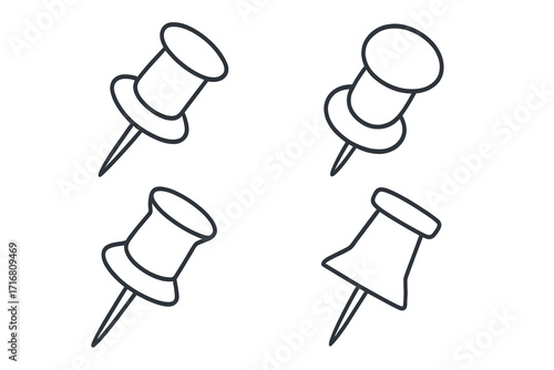 Set of push pins, thumbtacks. Office supply and stationery equipment. Simple outline icon collection. Vector for school, reminder, message, map point, bulletin board.
