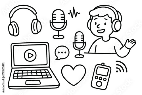 Podcast doodle icon set. Hand drawn line art of podcaster, microphone, headphones, laptop for streaming. Vlogger, blogger and content creator vector illustration collection.