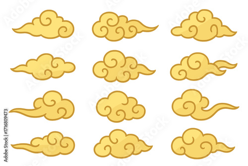 Golden Chinese clouds collection. Traditional Asian auspicious decorative element set. Japanese oriental sky symbol for Lunar New Year. Vector graphic isolated for design.