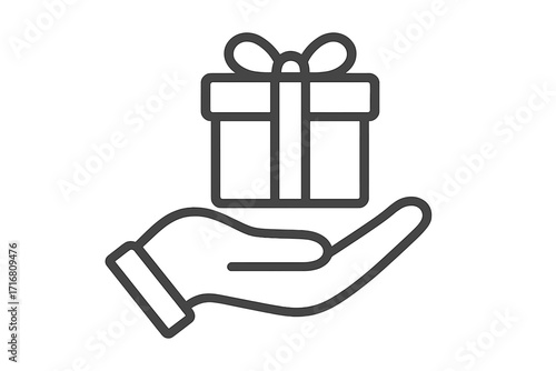 Hand holding a gift box line icon. Concept of giving, receiving a present, surprise, or bonus. Symbol for charity, donation, loyalty program, birthday, and holiday celebration.