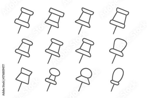 Push pin, thumbtack, and drawing pin thin line icon set. Office and school stationery supplies. Map marker, location point, and reminder notice vector graphic elements.