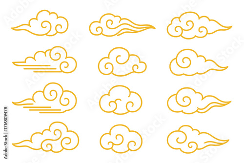Traditional Asian clouds design elements collection. Vector gold line art illustration. Oriental Chinese Japanese cloud ornament clipart for Lunar New Year, Mid Autumn Festival.