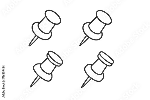 Pushpin icon set. Thumbtack line art symbol. Vector illustration for office supplies, stationery, or map location marker. Minimalist outline design for a notice board.