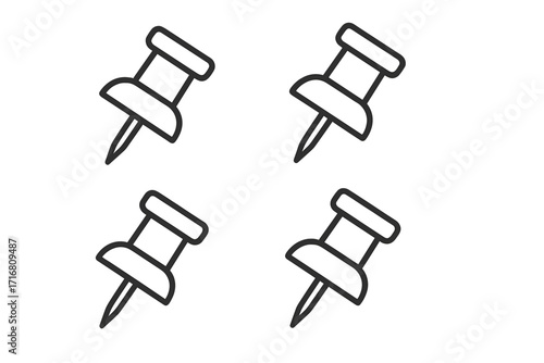 Push pin icon set. Thumbtack collection in linear style. Office stationery supply for reminder, notice on bulletin board. Vector map marker location symbol. Attach tack.