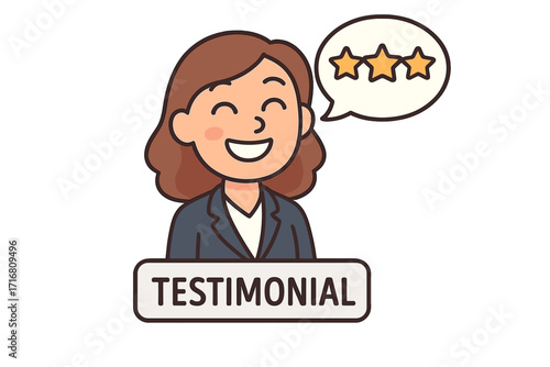 Happy customer testimonial. Business woman giving positive feedback. Client satisfaction review with three stars rating. Concept of quality service, recommendation, and excellence.
