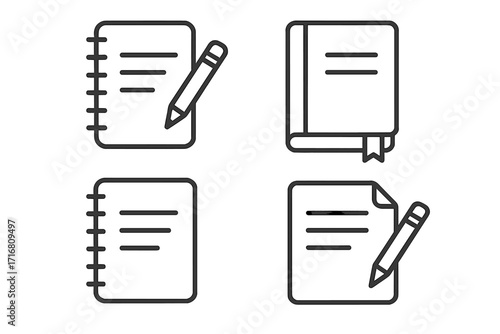Notebook, book for notes, writing, and journaling simple isolated line icons collection. Editable stroke vector illustration for web, apps, and documents. Pencil, paper icon set.