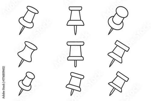 Push pin line icon set. Thumbtack vector collection for office and school. Drawing pin for noticeboard, reminder, map location. Simple outline stationery tack symbol with editable stroke.