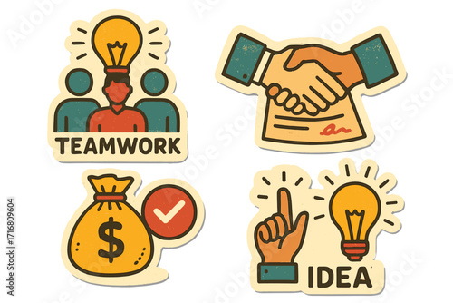 Vintage business stickers set. Retro collage with concepts of teamwork, idea, contract, and financial success. Vector illustration for partnership, innovation, and investment.