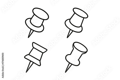 Push pin line icon set. Thumbtack drawing pin collection. Simple isolated vector illustration for school and office. Editable stroke. Notice board, memo tack, map marker symbol.