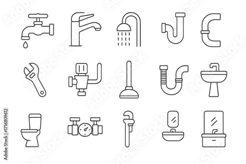 Plumbing and Faucet Icons Set, Bathroom Repair and Fixture Tools, Editable Stroke Thin Vector Icons, Suitable for Web Design, Apps, Cards, and Books, Transparent Background