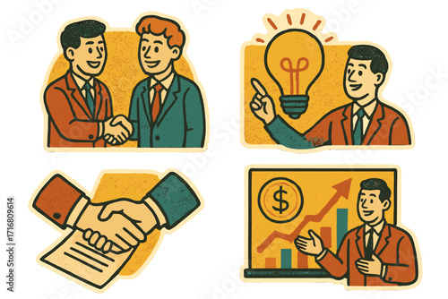 Retro business sticker set with vintage paper texture. Concepts of teamwork, partnership, new idea, contract agreement, financial growth, presentation and success. Vector illustration.