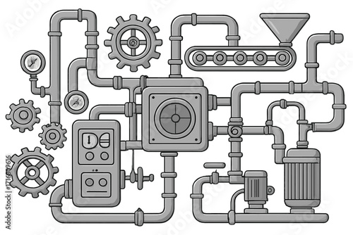 Steampunk machine vector illustration. Industrial factory mechanism with pipes, gears, and conveyor belt. Cartoon doodle of a complex production line engine system.
