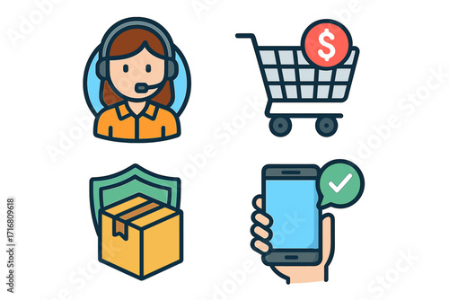 E-commerce icon set for online shopping. Vector cartoon illustration of customer support, shopping cart, secure delivery, and order confirmation. Mobile commerce symbols.