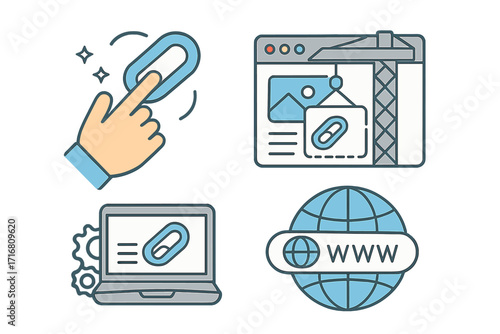 Link building SEO strategy icon set. Website backlink and hyperlink for digital marketing. Web page optimization, click through rate, and www internet connection concept.