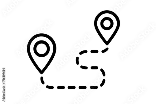 Location map pin icon vector, linear symbol of navigation pointers with dashed route path, GPS direction markers set, travel and navigation concept illustration, transparent background