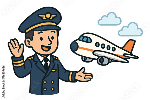 Welcome on board. Friendly cartoon pilot character in uniform waving and inviting to the airplane. Vector illustration for aviation, air travel, and transportation concepts.