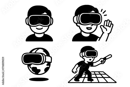 Virtual reality headset user icons set, VR exploration, digital immersion, technology concept, gaming interaction, augmented reality experience, futuristic tech avatar collection