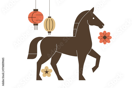 Chinese New Year 2026, Year of the Horse greeting card template. Modern geometric vector design. Horse silhouette with oriental lanterns and flowers. Asian zodiac animal symbol.