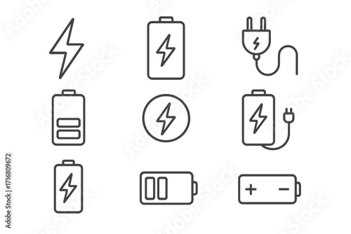 Set of Minimalistic Line Icons of Energy, Charger, Battery, Electricity Symbols, Editable Stroke Vector for Cards, Apps, Banners, Posts, Tech and Power Design Elements
