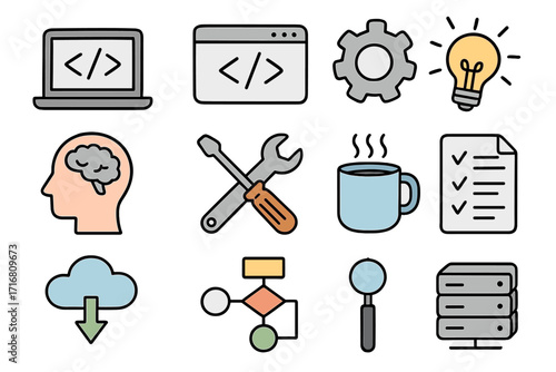Software development icons. Programming and coding symbols for web and app design. Vector illustration of IT process, computer science, cloud computing, data server, workflow.