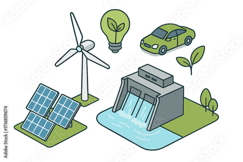 Renewable energy sources isometric concept. Vector set of green power generation icons. Solar panel, wind turbine, hydroelectric dam, and electric car. Clean sustainable future.