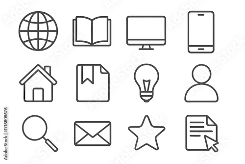 Web and mobile app interface line icon set. Universal symbols for website navigation menu. Home, search, user profile, contact, and favorite icons. Editable stroke vector.