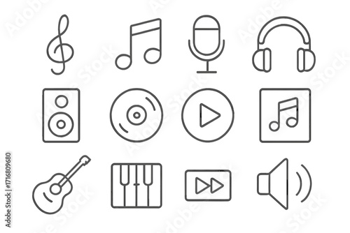 Set of editable linear music center icons with microphone, headphones, speaker, vinyl, guitar, piano keys, play, fast-forward, and sound volume symbols for app and web design