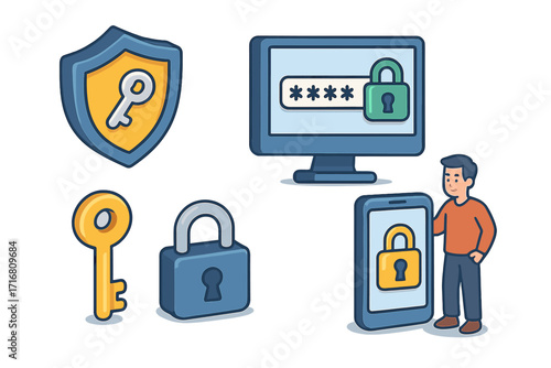 Cybersecurity vector icon set. Strong password, two-factor authentication, data protection. Man with phone, computer login, shield, lock, key. Account access security.