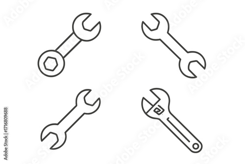 Set of minimalistic linear wrench icons, editable stroke vector, tool symbols for cards, apps, banners, posts, mechanical repair, construction, maintenance, and engineering design elements