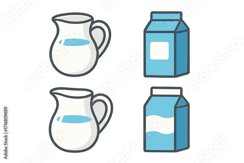 Milk icon set. Jug and carton. Dairy product graphic. Pitcher and box container. Fresh liquid food. Healthy drink. Breakfast beverage. Calcium source. Grocery store symbol.