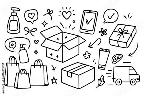 Subscription box doodle set. Online shopping and delivery service icons. E-commerce, unboxing, gift, and cosmetic products vector line art cartoon illustration for web banner.