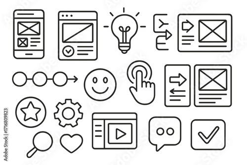 UX UI design icons for app development. User experience and interface design process. Web wireframe, mobile prototype, user flow, research, usability concept. Vector line art illustration set.