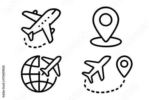Travel icon set line art style. Airplane flight and location pin marker for navigation app. Global journey route and destination point concepts for tourism business. Aviation symbol.