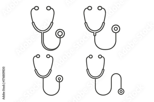Stethoscope icon set medical equipment line art. Health care symbol for doctor, hospital, and clinic. Simple diagnostic tool for cardiology and medicine. Vector illustration.