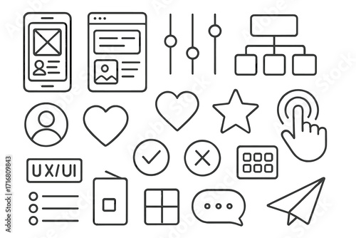 UX UI design icon set. User interface and experience linear icons. Web and mobile app development elements. Wireframe, prototype, flowchart, navigation and user profile symbols.