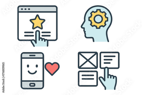 User experience icon set for UX UI design. Vector illustrations for customer satisfaction, feedback, rating, psychology, mobile app love, and interface interaction concept.
