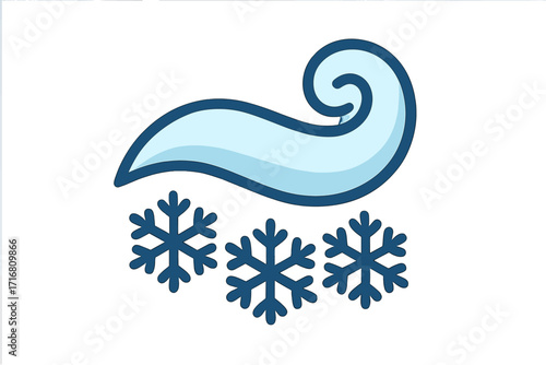 Wind and snow icon. Blizzard, snowstorm symbol. Winter weather concept with blowing wind, cold air, snowfall, flurry. Frosty climate. Flat cartoon vector illustration isolated.