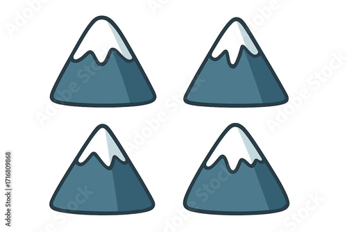Mountain vector icon set with snowy peaks. Flat cartoon design element for nature, travel, and adventure concepts. Simple winter landscape symbol. Isolated graphic illustration.