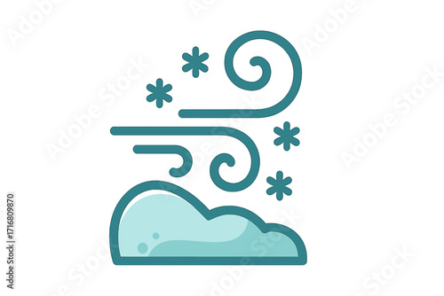 Snow and wind weather icon, cold climate symbol, winter breeze vector flat design, cartoon snow cap with swirling wind and snowflakes, meteorology concept, clear background