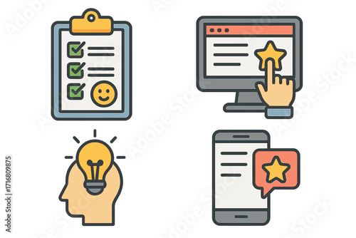 User experience icon set for feedback and satisfaction. Vector concepts for customer review, survey, rating, and new ideas. Web and mobile interface UI/UX elements.