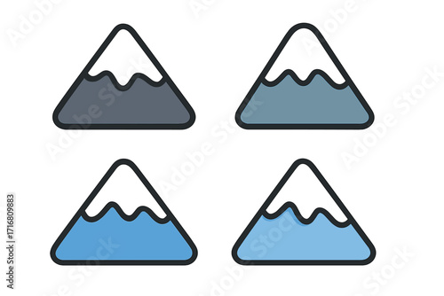 Snow-capped mountain icon set, flat vector cartoon illustrations with transparent background, mountain peak symbols collection, alpine snow symbol, outdoor adventure graphics