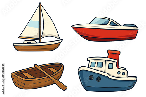 Vector cartoon illustration set of boats. Water transport collection: sailboat, yacht, speedboat, motorboat, rowboat, tugboat. Marine vehicle icons isolated for design. Sea travel graphic element.