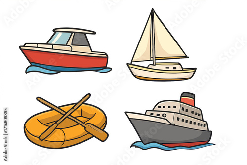Set of cartoon boats and ships. Vector illustration collection includes a motor yacht, sailboat, inflatable raft, and cruise liner. Water transport icon set for travel and nautical design.