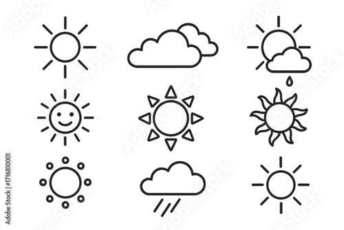 Set of sun and weather symbols, nature icons with thin editable stroke, vector cartoon illustration for web, apps, books, cards, showing sun, clouds, rain, smiley sun, and abstract sunburst shapes