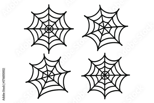 Set of four spider web icons, cobweb vector illustrations with transparent background, cartoon style web designs, decorative Halloween and spooky themed elements, isolated graphics
